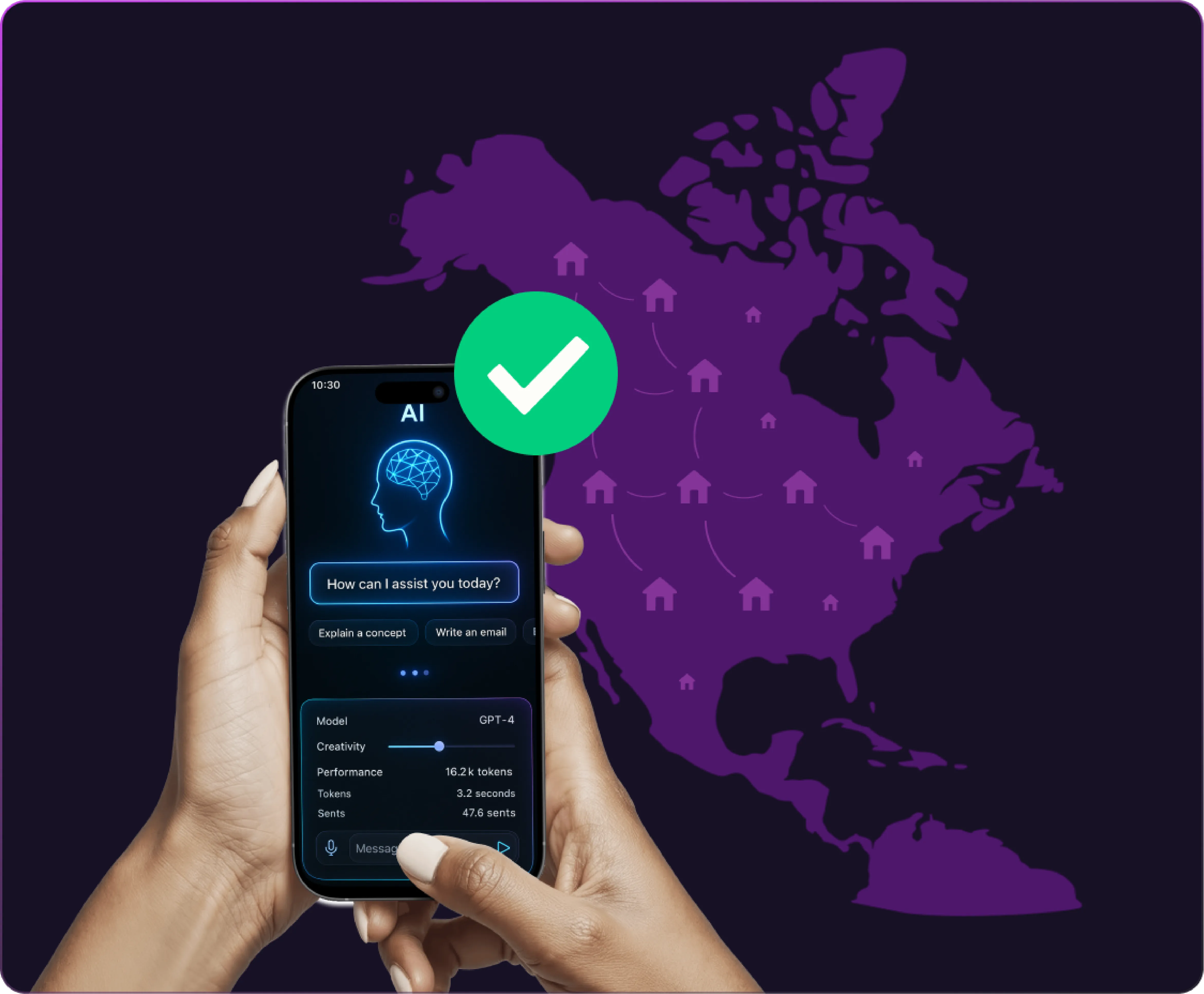 Hands holding a smartphone displaying an AI chat interface, with a map of North America and a green checkmark icon in the background.
